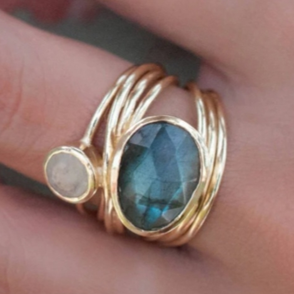 Gold Multi-Band Ring with Blue-Green Labradorite and Moonstone